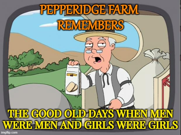 The Good Old Days When Men Were Men | PEPPERIDGE FARM 
REMEMBERS; THE GOOD OLD DAYS WHEN MEN WERE MEN AND GIRLS WERE GIRLS | image tagged in pepridge farms,men,women,gender identity,feminism,gender confusion | made w/ Imgflip meme maker