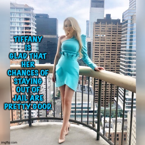 Tiffany Trump | TIFFANY IS GLAD THAT HER CHANCES OF STAYING OUT OF JAIL ARE PRETTY GOOD. | image tagged in tiffany blue christmas | made w/ Imgflip meme maker