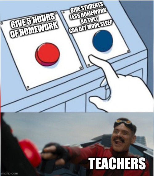 Teachers | GIVE STUDENTS LESS HOMEWORK SO THEY CAN GET MORE SLEEP; GIVE 5 HOURS OF HOMEWORK; TEACHERS | image tagged in robotnik pressing red button | made w/ Imgflip meme maker