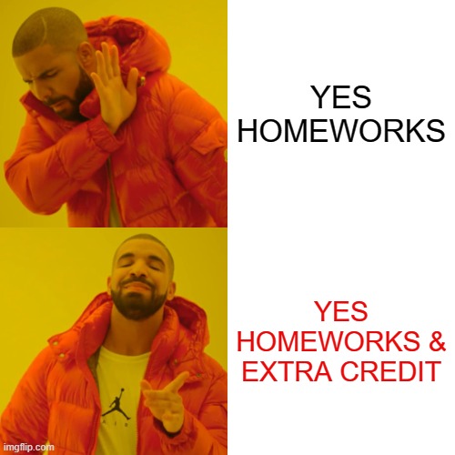 YES HOMEWORKS | YES HOMEWORKS; YES HOMEWORKS & EXTRA CREDIT | image tagged in memes,drake hotline bling | made w/ Imgflip meme maker