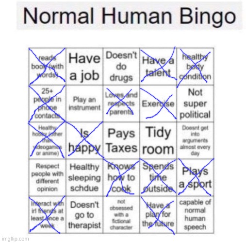 Not normal apparently :) | image tagged in normal human bingo,not normal,barney will eat all of your delectable biscuits | made w/ Imgflip meme maker