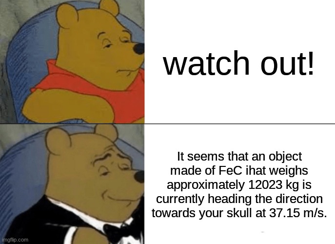 ye | watch out! It seems that an object made of FeC ihat weighs approximately 12023 kg is currently heading the direction towards your skull at 37.15 m/s. | image tagged in memes,tuxedo winnie the pooh,correct | made w/ Imgflip meme maker