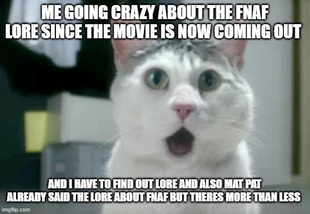 OMG Cat Meme | ME GOING CRAZY ABOUT THE FNAF LORE SINCE THE MOVIE IS NOW COMING OUT; AND I HAVE TO FIND OUT LORE AND ALSO MAT PAT ALREADY SAID THE LORE ABOUT FNAF BUT THERES MORE THAN LESS | image tagged in memes,omg cat | made w/ Imgflip meme maker