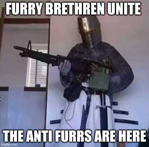this is war | FURRY BRETHREN UNITE; THE ANTI FURRS ARE HERE | image tagged in crusader knight with m60 machine gun | made w/ Imgflip meme maker