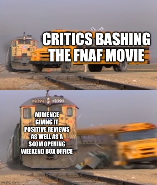 Critics that review movies are often wrong | CRITICS BASHING THE FNAF MOVIE; AUDIENCE GIVING IT POSITIVE REVIEWS AS WELL AS A $40M OPENING WEEKEND BOX OFFICE | image tagged in a train hitting a school bus,memes,fnaf | made w/ Imgflip meme maker