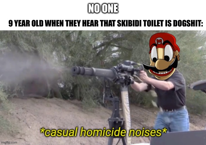 2023 in a nutshell | NO ONE; 9 YEAR OLD WHEN THEY HEAR THAT SKIBIDI TOILET IS DOGSHIT: | image tagged in mario s casual homicide noises editor edition | made w/ Imgflip meme maker