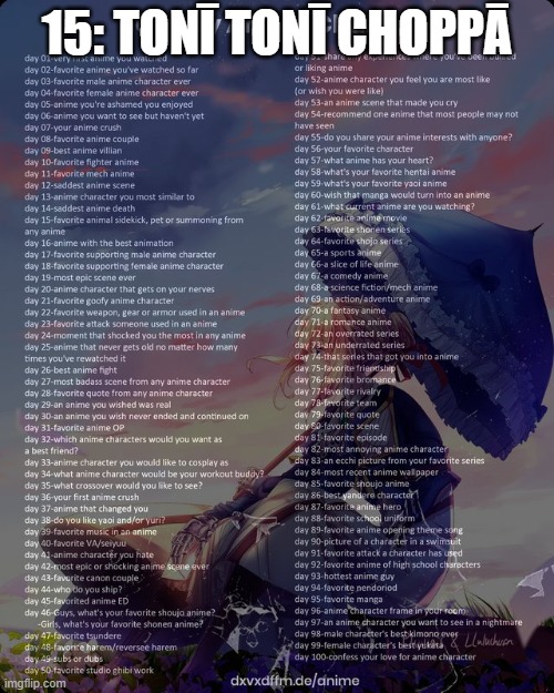 100 day anime challenge | 15: TONĪ TONĪ CHOPPĀ | image tagged in 100 day anime challenge | made w/ Imgflip meme maker