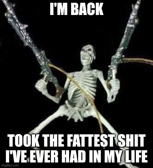skeleton with guns meme | I'M BACK; TOOK THE FATTEST SHIT I'VE EVER HAD IN MY LIFE | image tagged in skeleton with guns meme | made w/ Imgflip meme maker