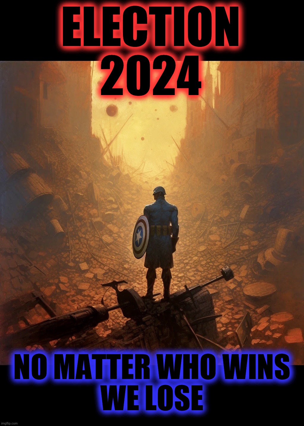 Sad, but true | ELECTION
2024; NO MATTER WHO WINS
WE LOSE | image tagged in captain america,end is near,apocalypse,marvel civil war,marvel comics,alternate reality | made w/ Imgflip meme maker
