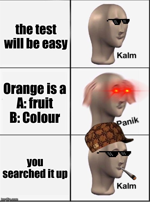 Reverse kalm panik | the test will be easy; Orange is a
A: fruit
B: Colour; you searched it up | image tagged in reverse kalm panik | made w/ Imgflip meme maker