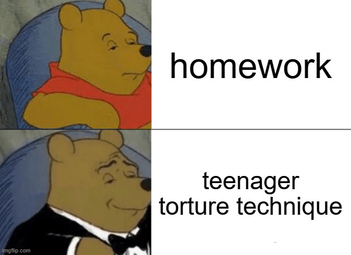 Tuxedo Winnie The Pooh | homework; teenager torture technique | image tagged in memes,tuxedo winnie the pooh,homework,torture | made w/ Imgflip meme maker