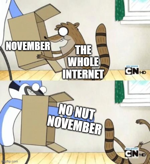 we also have Black Friday | NOVEMBER; THE WHOLE INTERNET; NO NUT NOVEMBER | image tagged in mordecai punches rigby through a box,no nut november,november,bust a nut,regular show,memes | made w/ Imgflip meme maker