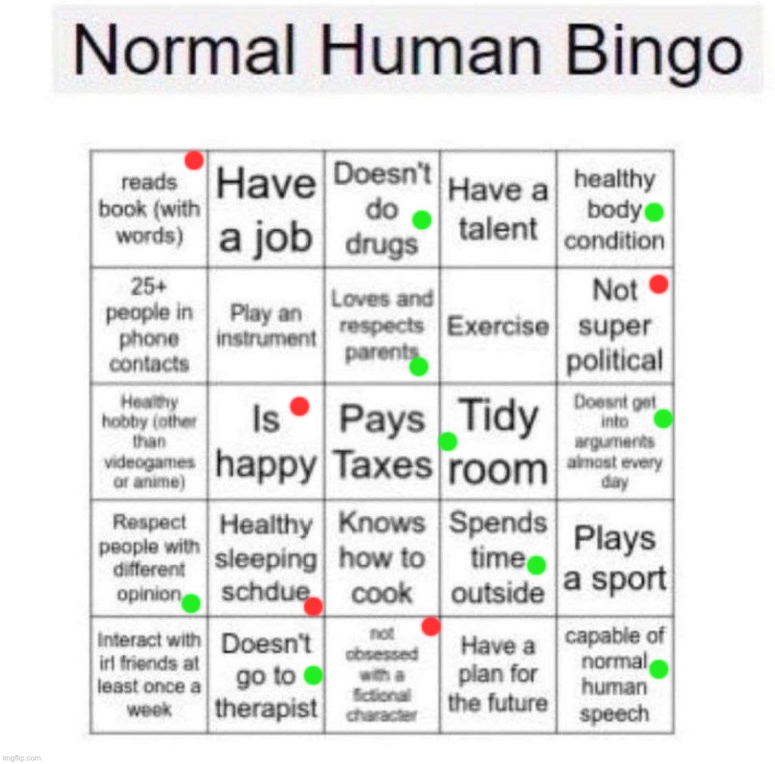 i'm not normal but whatever (explanation in comments) | image tagged in normal human bingo | made w/ Imgflip meme maker
