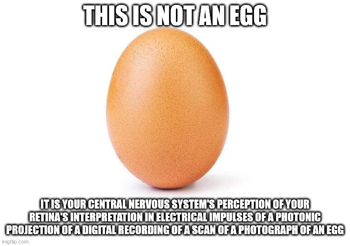 Eggbert | THIS IS NOT AN EGG; IT IS YOUR CENTRAL NERVOUS SYSTEM'S PERCEPTION OF YOUR RETINA'S INTERPRETATION IN ELECTRICAL IMPULSES OF A PHOTONIC PROJECTION OF A DIGITAL RECORDING OF A SCAN OF A PHOTOGRAPH OF AN EGG | image tagged in eggbert | made w/ Imgflip meme maker