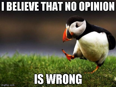 Unpopular Opinion Puffin Meme | I BELIEVE THAT NO OPINION IS WRONG | image tagged in memes,unpopular opinion puffin,AdviceAnimals | made w/ Imgflip meme maker