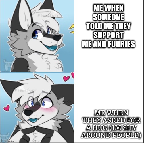 "heh, uh, sure!" (Magma note: Art by Fleurfurr) | ME WHEN SOMEONE TOLD ME THEY SUPPORT ME AND FURRIES; ME WHEN THEY ASKED FOR A HUG (IM SHY AROUND PEOPLE) | image tagged in furry yes yes template | made w/ Imgflip meme maker