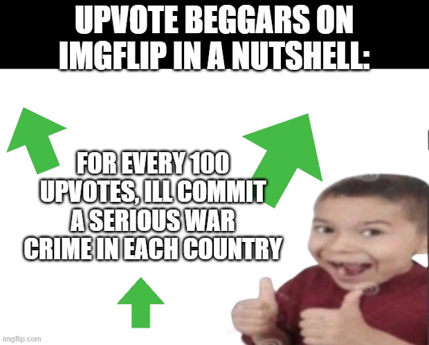 Upvote beggars :) | UPVOTE BEGGARS ON IMGFLIP IN A NUTSHELL:; FOR EVERY 100 UPVOTES, ILL COMMIT A SERIOUS WAR CRIME IN EACH COUNTRY | image tagged in first degree murder,upvote beggars,war criminal,funny,memes,dank memes | made w/ Imgflip meme maker