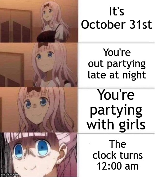 As a guy, November is a very dangerous month. I haven't failed yet and I wish you the best of luck in these trying times. | It's October 31st; You're out partying late at night; You're partying with girls; The clock turns 12:00 am | image tagged in rising panic | made w/ Imgflip meme maker