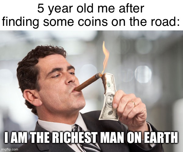 Hehe | 5 year old me after finding some coins on the road:; I AM THE RICHEST MAN ON EARTH | image tagged in i'm so rich | made w/ Imgflip meme maker