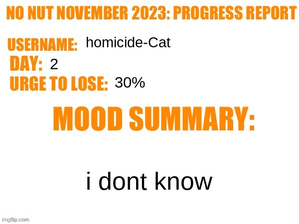 No Nut November 2023 Progress Report | homicide-Cat; 2; 30%; i dont know | image tagged in no nut november 2023 progress report | made w/ Imgflip meme maker