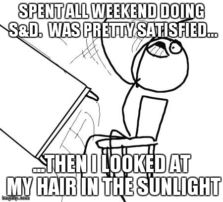 Table Flip Guy Meme | SPENT ALL WEEKEND DOING S&D.  WAS PRETTY SATISFIED... ...THEN I LOOKED AT MY HAIR IN THE SUNLIGHT | image tagged in memes,table flip guy | made w/ Imgflip meme maker