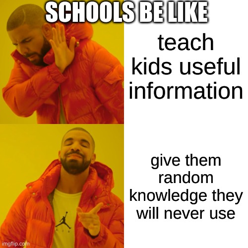 Drake Hotline Bling | SCHOOLS BE LIKE; teach kids useful information; give them random knowledge they will never use | image tagged in memes,drake hotline bling | made w/ Imgflip meme maker