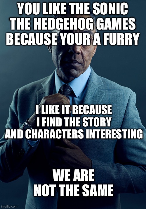 True | YOU LIKE THE SONIC THE HEDGEHOG GAMES BECAUSE YOUR A FURRY; I LIKE IT BECAUSE I FIND THE STORY AND CHARACTERS INTERESTING; WE ARE NOT THE SAME | image tagged in gus fring we are not the same,sonic the hedgehog,furry,anti furry | made w/ Imgflip meme maker