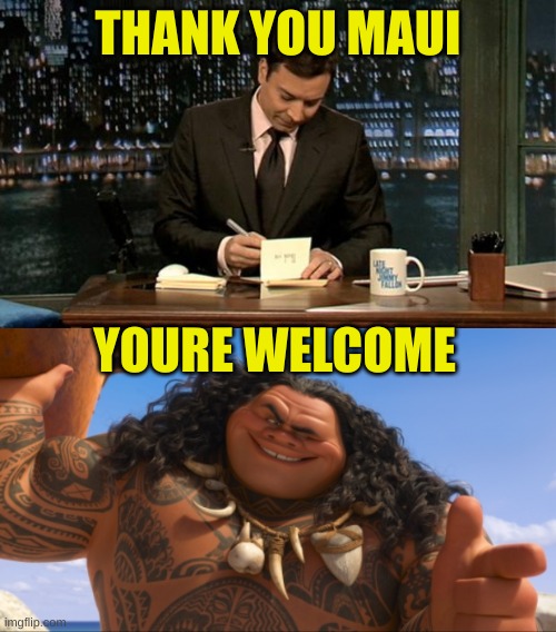 THANK YOU MAUI; YOURE WELCOME | image tagged in thank you notes jimmy fallon,maui - you're welcome | made w/ Imgflip meme maker