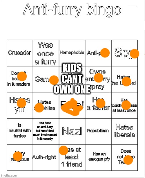 Anti-Furry bingo | KIDS CANT OWN ONE | image tagged in anti-furry bingo | made w/ Imgflip meme maker
