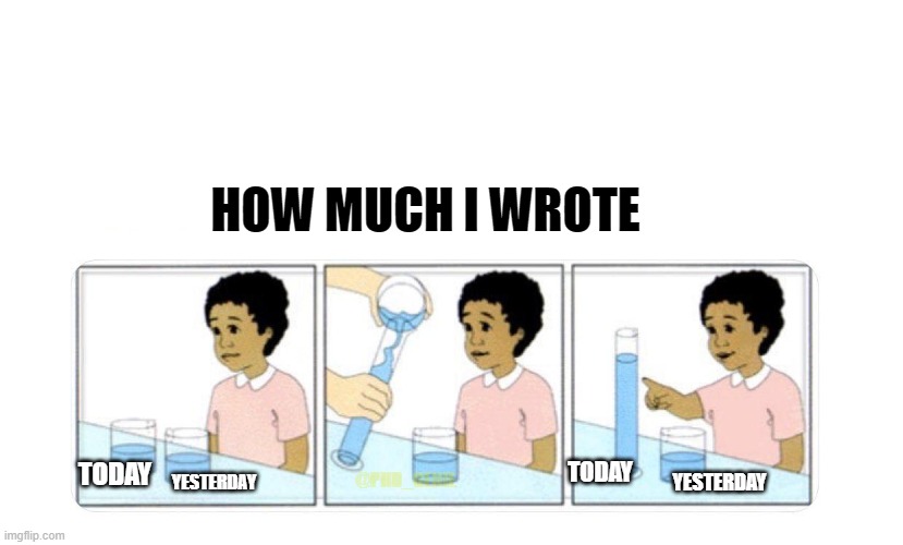 Writing trick | HOW MUCH I WROTE; TODAY; TODAY; @PHD_GENIE; YESTERDAY; YESTERDAY | image tagged in water test girl | made w/ Imgflip meme maker