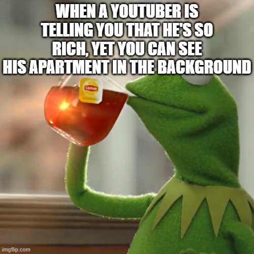 But That's None Of My Business Meme | WHEN A YOUTUBER IS TELLING YOU THAT HE'S SO RICH, YET YOU CAN SEE HIS APARTMENT IN THE BACKGROUND | image tagged in memes,but that's none of my business,kermit the frog | made w/ Imgflip meme maker