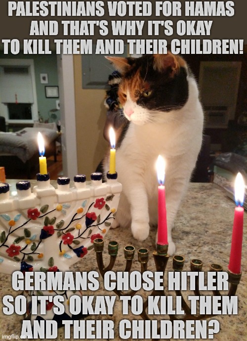 This #lolcat wonders if it's okay to kill people because of the leaders they chose | PALESTINIANS VOTED FOR HAMAS 
AND THAT'S WHY IT'S OKAY 
TO KILL THEM AND THEIR CHILDREN! GERMANS CHOSE HITLER
SO IT'S OKAY TO KILL THEM
AND THEIR CHILDREN? | image tagged in hamas,jews,palestine,nazis,genocide | made w/ Imgflip meme maker
