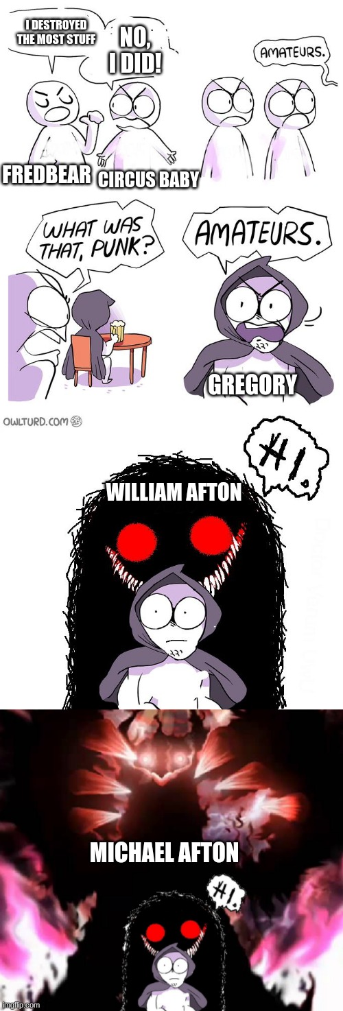 Amateurs 4.0 | FREDBEAR CIRCUS BABY WILLIAM AFTON GREGORY MICHAEL AFTON I DESTROYED THE MOST STUFF NO, I DID! | image tagged in amateurs 4 0 | made w/ Imgflip meme maker