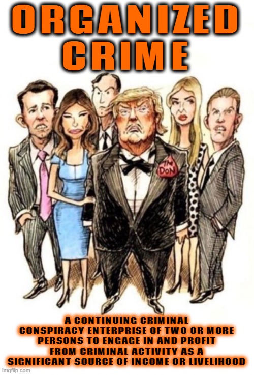 DISORGANIZED CRIME | ORGANIZED
CRIME; A CONTINUING CRIMINAL CONSPIRACY ENTERPRISE OF TWO OR MORE PERSONS TO ENGAGE IN AND PROFIT FROM CRIMINAL ACTIVITY AS A SIGNIFICANT SOURCE OF INCOME OR LIVELIHOOD | image tagged in organized crime,mob,gang,mafia,crime family,republican | made w/ Imgflip meme maker