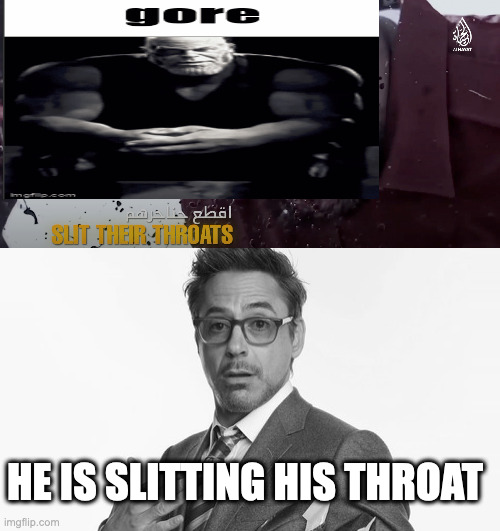 HE IS SLITTING HIS THROAT | image tagged in robert downey jr's comments | made w/ Imgflip meme maker