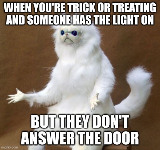 Persian white monkey | WHEN YOU'RE TRICK OR TREATING AND SOMEONE HAS THE LIGHT ON; BUT THEY DON'T ANSWER THE DOOR | image tagged in persian white monkey | made w/ Imgflip meme maker