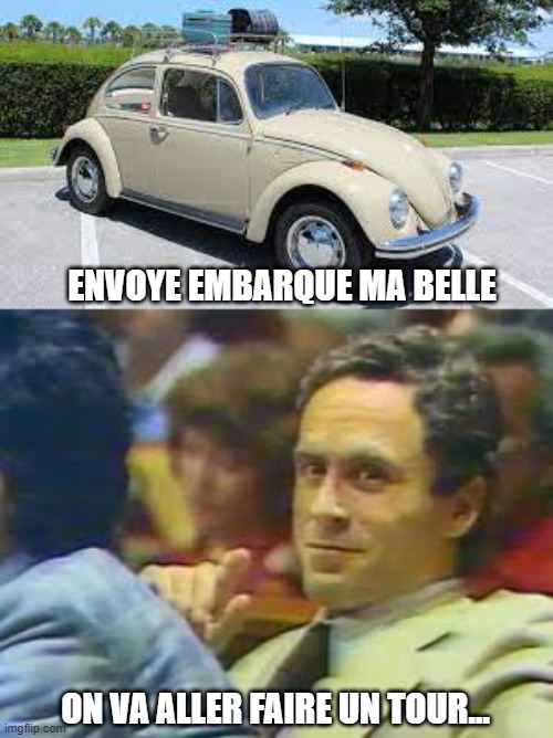 bundy | ENVOYE EMBARQUE MA BELLE; ON VA ALLER FAIRE UN TOUR... | image tagged in beetle,ted bundy | made w/ Imgflip meme maker