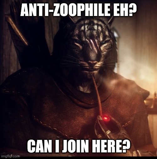 Just to be clear this is a khajiit from skyrim not a furry {SpecialTani_KMST's Note : Of course!} | ANTI-ZOOPHILE EH? CAN I JOIN HERE? | made w/ Imgflip meme maker