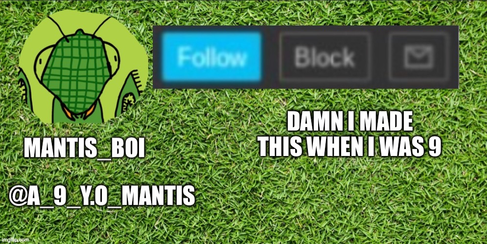 A_9_Y.O_mantis announcement template | DAMN I MADE THIS WHEN I WAS 9 | image tagged in a_9_y o_mantis announcement template | made w/ Imgflip meme maker
