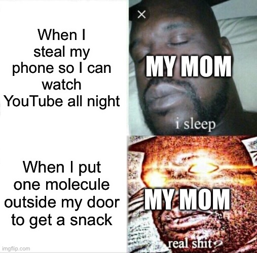 Sleeping Shaq | When I steal my phone so I can watch YouTube all night; MY MOM; When I put one molecule outside my door to get a snack; MY MOM | image tagged in memes,sleeping shaq | made w/ Imgflip meme maker