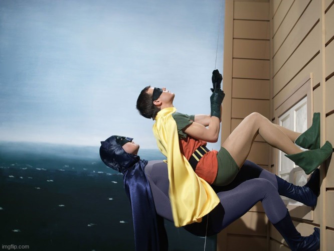 batman and robin climbing a building | image tagged in batman and robin climbing a building | made w/ Imgflip meme maker