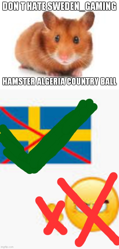 i like sweden gaming | DON T HATE SWEDEN_GAMING; HAMSTER ALGERIA COUNTRY BALL | image tagged in hamster algeria country ball | made w/ Imgflip meme maker