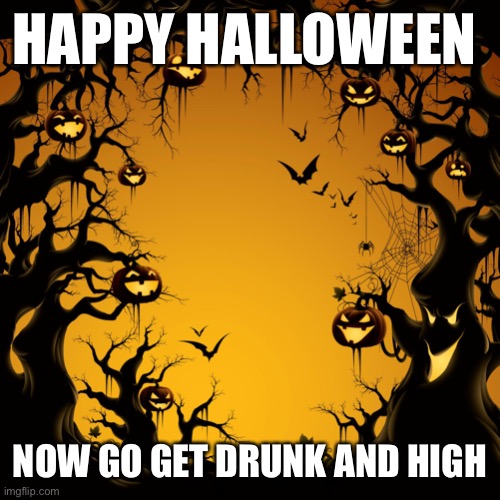 Halloween  | HAPPY HALLOWEEN; NOW GO GET DRUNK AND HIGH | image tagged in halloween | made w/ Imgflip meme maker