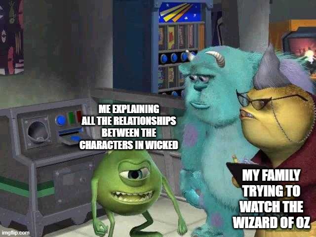 lol | ME EXPLAINING ALL THE RELATIONSHIPS BETWEEN THE CHARACTERS IN WICKED; MY FAMILY TRYING TO WATCH THE WIZARD OF OZ | image tagged in mike wazowski trying to explain,wicked,wizard of oz | made w/ Imgflip meme maker