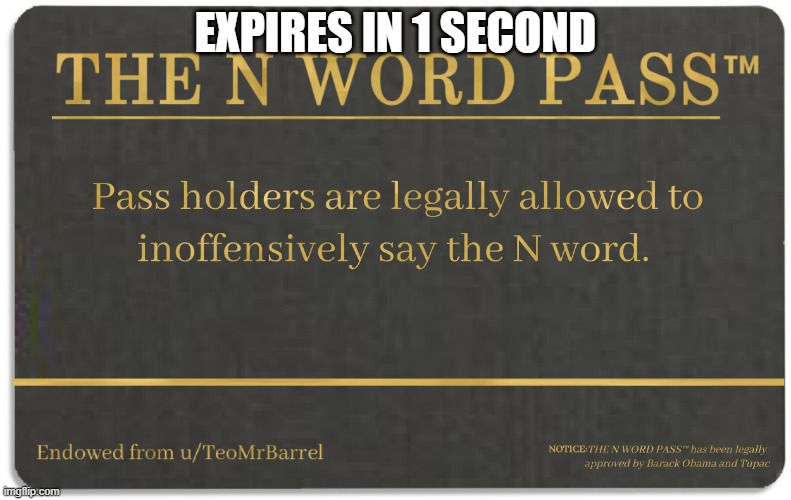 N word pass | EXPIRES IN 1 SECOND | image tagged in n word pass,memes,funny,funny memes | made w/ Imgflip meme maker