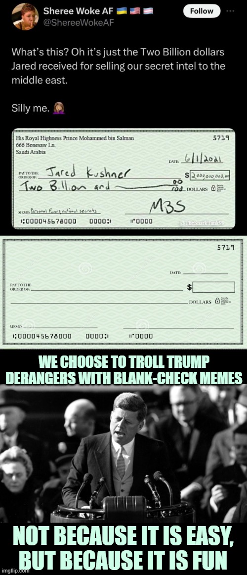 TDS is a Hell of a Drug | WE CHOOSE TO TROLL TRUMP DERANGERS WITH BLANK-CHECK MEMES; NOT BECAUSE IT IS EASY,
BUT BECAUSE IT IS FUN | image tagged in blank check,jfk | made w/ Imgflip meme maker