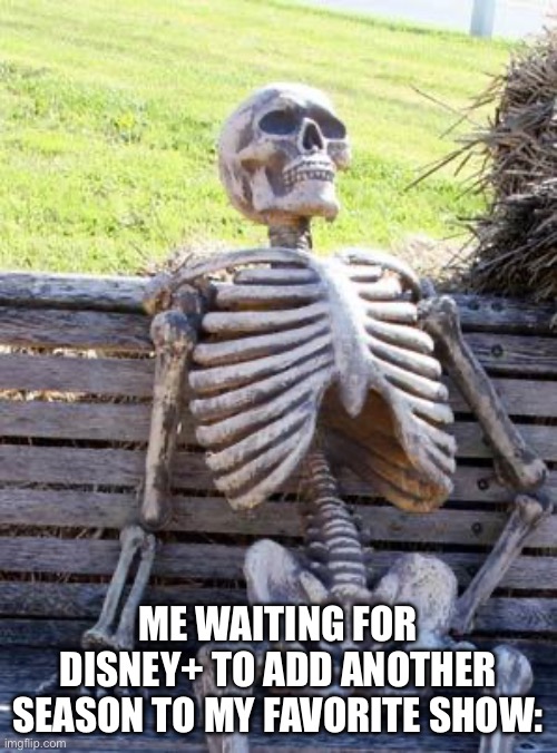 Waiting Skeleton Meme | ME WAITING FOR DISNEY+ TO ADD ANOTHER SEASON TO MY FAVORITE SHOW: | image tagged in memes,waiting skeleton,disney plus | made w/ Imgflip meme maker