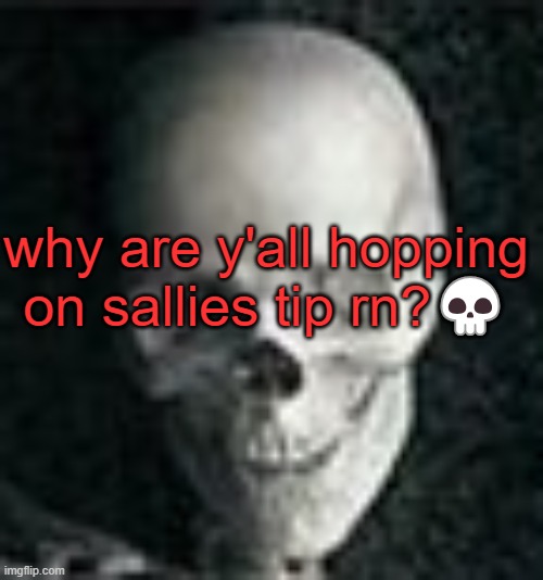 . | why are y'all hopping on sallies tip rn?💀 | image tagged in skull | made w/ Imgflip meme maker