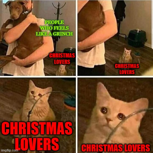 Sad Cat Holding Dog | PEOPLE WHO FEELS LIKE A GRINCH; CHRISTMAS LOVERS; CHRISTMAS LOVERS; CHRISTMAS LOVERS; CHRISTMAS LOVERS | image tagged in sad cat holding dog | made w/ Imgflip meme maker