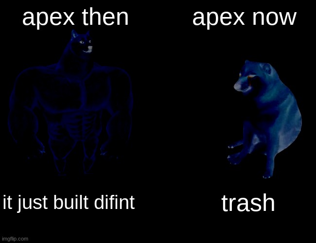 Buff Doge vs. Cheems | apex then; apex now; it just built difint; trash | image tagged in memes,buff doge vs cheems | made w/ Imgflip meme maker